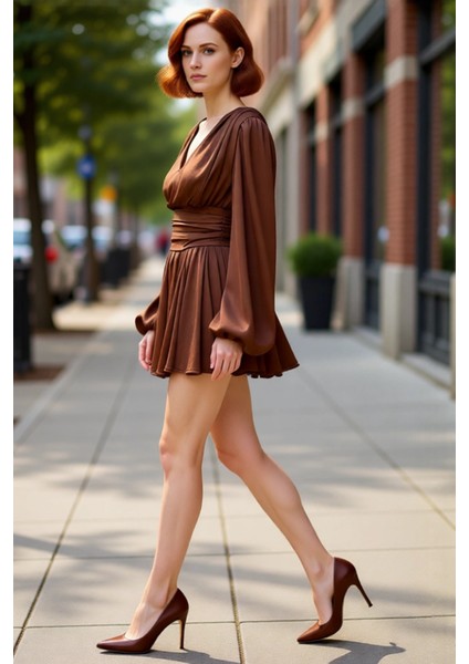 Kadın Skater Balon Kol V Yaka Mini Elbise Şık Gece Davetleri Için Ideal Seçim Saten Dokuma