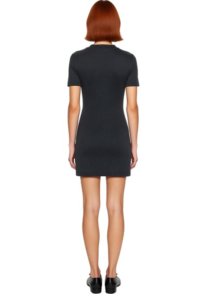 Kadın Antrasit Selanik Örme Mini Elbise Dik Yaka Nervürlü Detaylı Shift Kalıp Kısa Kollu Modern fırsatları