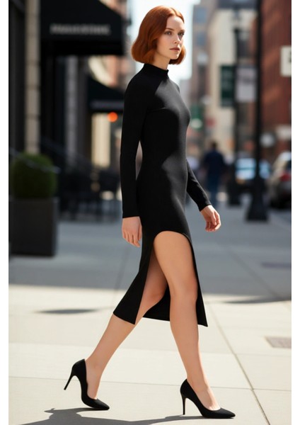 Kadın Bodycon Uzun Kol Dik Yaka Yırtmaçlı Poliviskon Kaşkorse Örme Midi Elbise Kışa Özel Kaliteli