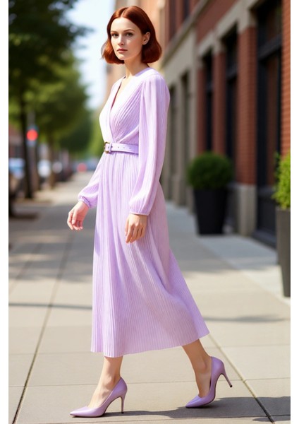Kadın Kruvaze Yaka Piliseli A Kesim Şifon Maxi Elbise Astarlı Kemerli Uzun Kollu Şıklık Sunar