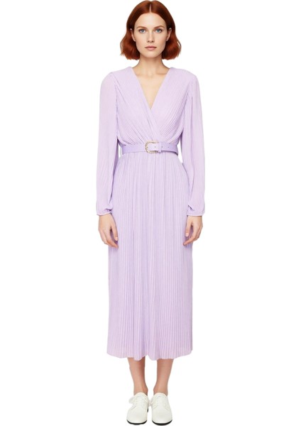 Kadın Kruvaze Yaka Piliseli A Kesim Şifon Maxi Elbise Astarlı Kemerli Uzun Kollu Şıklık Sunar modelleri