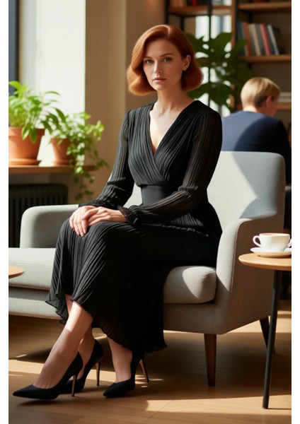 Kadın Siyah Midi Boy Kruvaze Yaka Piliseli A Kesim Kuşaklı Astarlı Polyester Uzun Kol Elbise fiyatları