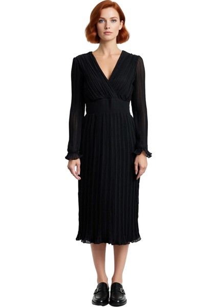 Kadın Siyah Midi Boy Kruvaze Yaka Piliseli A Kesim Kuşaklı Astarlı Polyester Uzun Kol Elbise modelleri