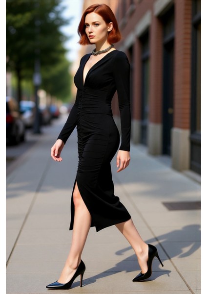 Kadın Vücuda Oturan Uzun Kollu Düz Drapeli Midi Örme Elbise Şık Gündüz Gece Kombinleri Için Ideal