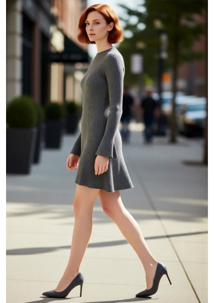 Kadınlar Için Kışlık Gri A Line Kesim Fitilli Triko Mini Elbise Bisiklet Yaka Uzun Kollu Şıklık