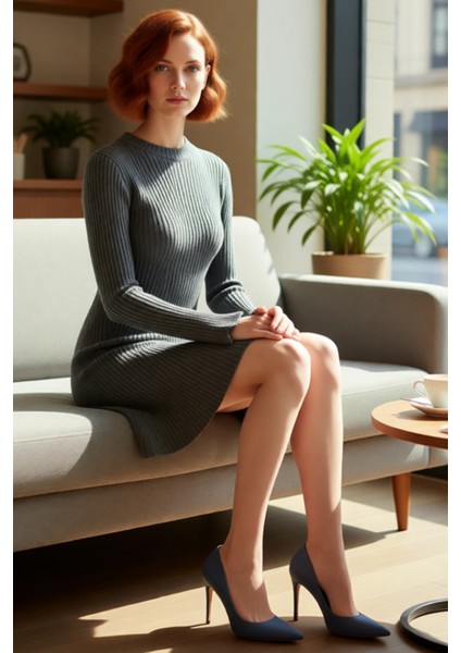 Kadınlar Için Kışlık Gri A Line Kesim Fitilli Triko Mini Elbise Bisiklet Yaka Uzun Kollu Şıklık fiyatları