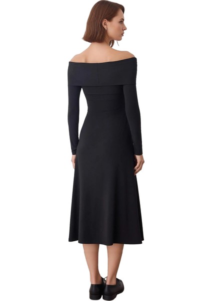 Kadın Carmen Yaka Düşük Kollu Uzun Maxi Örme Elbise Siyah A Line Kesim Büzgü Detaylarıyla Kaliteli fiyatları