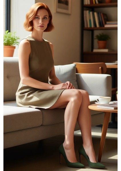 Kadın Nervür Detaylı Haki Rengi Düz Süet Dokuma Skater Kalıp Kolsuz Mini Elbise Kaliteli Şık fırsatları