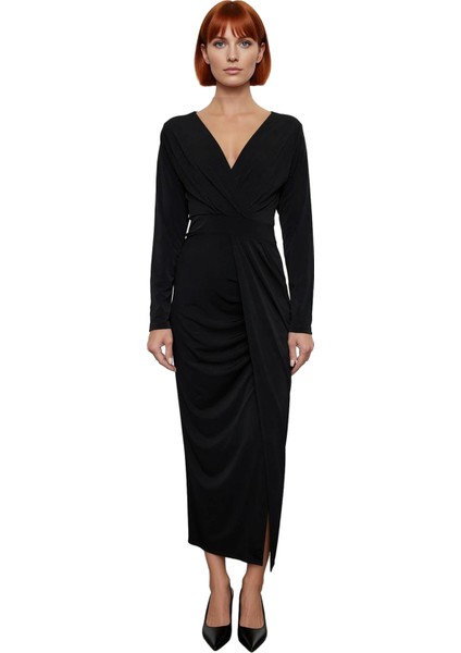 Kadın Uzun Kollu Kruvaze Yaka Bodycon Drape Detaylı Örme Sandy Dokuma Maxi Abiye Elbise Kaliteli modelleri