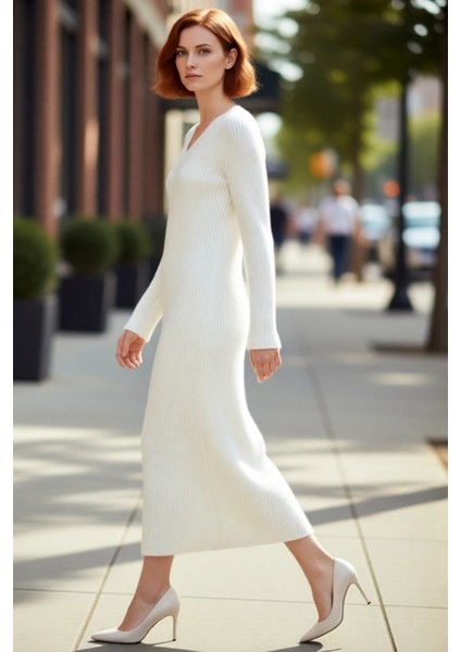 Kadınlar Için V Yaka Maxi Boy Triko Elbise Uzun Kollu Rahat Shift Kalıp Kışlık Günlük Şıklık