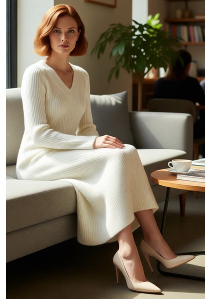 Kadınlar Için V Yaka Maxi Boy Triko Elbise Uzun Kollu Rahat Shift Kalıp Kışlık Günlük Şıklık fiyatları