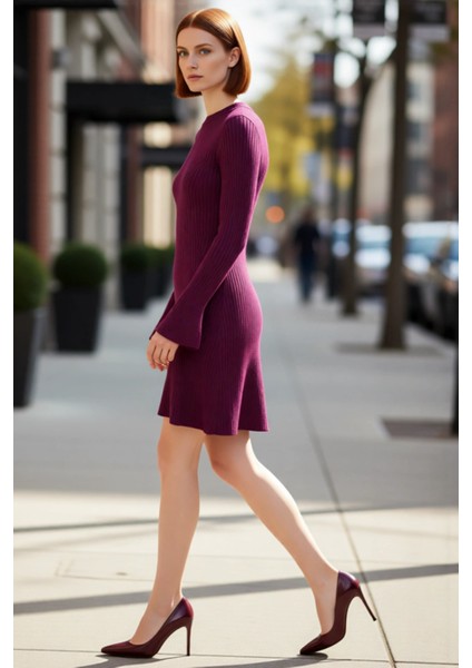 Kadınlar Için Kışlık Gri A Line Kesim Fitilli Triko Mini Elbise Bisiklet Yaka Uzun Kollu Şıklık