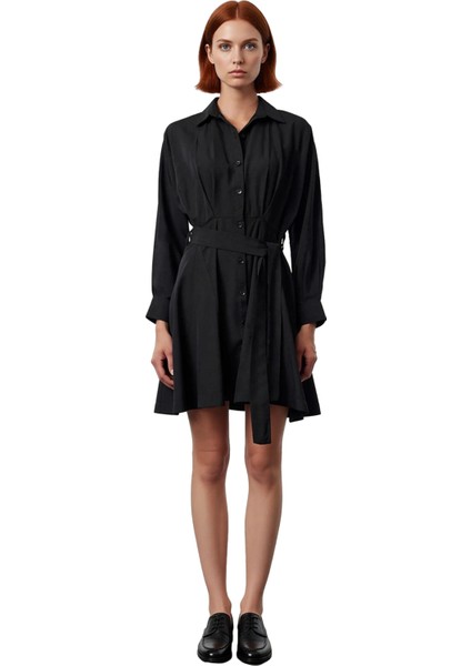 Kadın Kuşaklı Gömlek Yaka Yarasa Kol Uzun Mini Elbise Rahat Şık Dokuma Kumaş Tasarım Kaliteli modelleri