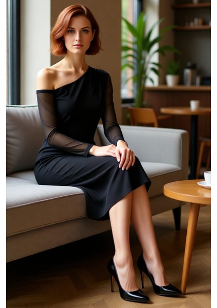 Kadın Siyah Bodycon Midi Elbise Asimetrik Yaka Düz Örme Kumaş Uzun Tül Kol Astarlı Kış Modasına Özel