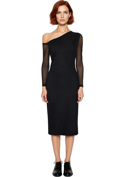 Kadın Siyah Bodycon Midi Elbise Asimetrik Yaka Düz Örme Kumaş Uzun Tül Kol Astarlı Kış Modasına Özel fiyatları