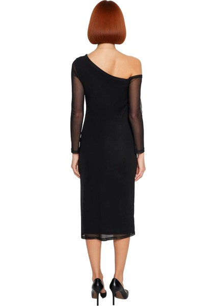 Kadın Siyah Bodycon Midi Elbise Asimetrik Yaka Düz Örme Kumaş Uzun Tül Kol Astarlı Kış Modasına Özel modelleri