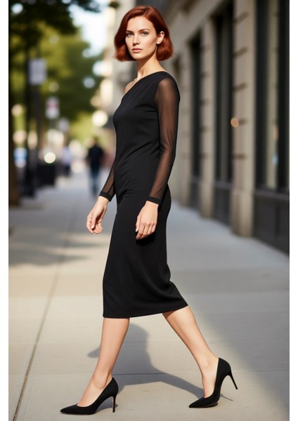 Kadın Siyah Bodycon Midi Elbise Asimetrik Yaka Düz Örme Kumaş Uzun Tül Kol Astarlı Kış Modasına Özel fırsatları