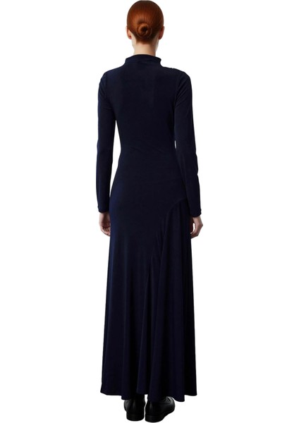 Kadın Lacivert Dik Yaka Büzgülü Maxi Elbise Uzun Kollu Bodycon Şık Günlük Esnek Örme Stil Kaliteli modelleri