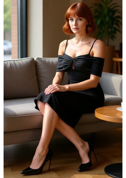 Kadın Siyah Düz Midi Elbise Bodycon Kalıp Carmen Yaka Askılı Örme Dokulu Şık Kokteyl Görünümü