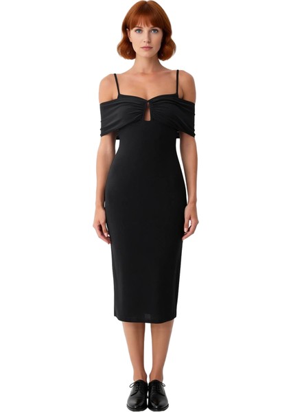 Kadın Siyah Düz Midi Elbise Bodycon Kalıp Carmen Yaka Askılı Örme Dokulu Şık Kokteyl Görünümü fiyatları