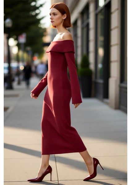 Kadın Bordo Bodycon Kalıp Carmen Yaka Uzun Kollu Örme Midi Elbise Şık Gündüz Gece Kombinleri Için