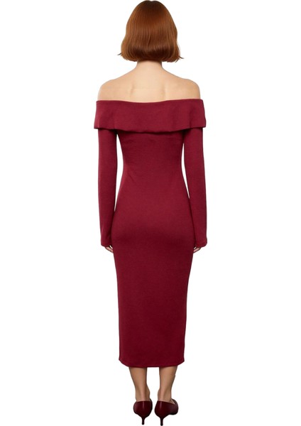 Kadın Bordo Bodycon Kalıp Carmen Yaka Uzun Kollu Örme Midi Elbise Şık Gündüz Gece Kombinleri Için fırsatları