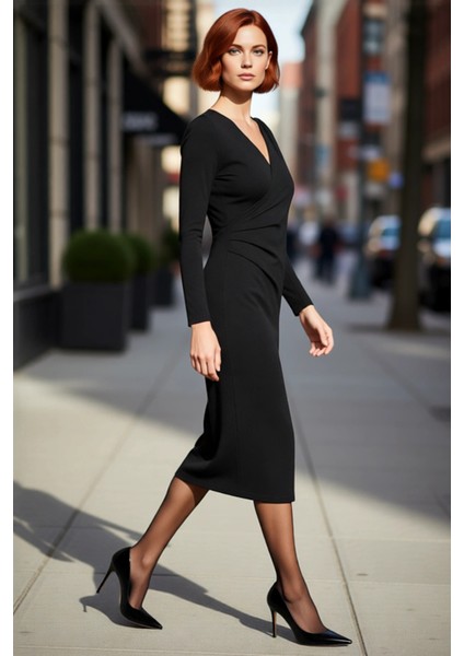 Kadın Bodycon Kruvaze V Yaka Midi Uzun Kollu Örme Scuba Krep Elbise Şık Günlük ve Özel Davetler Için