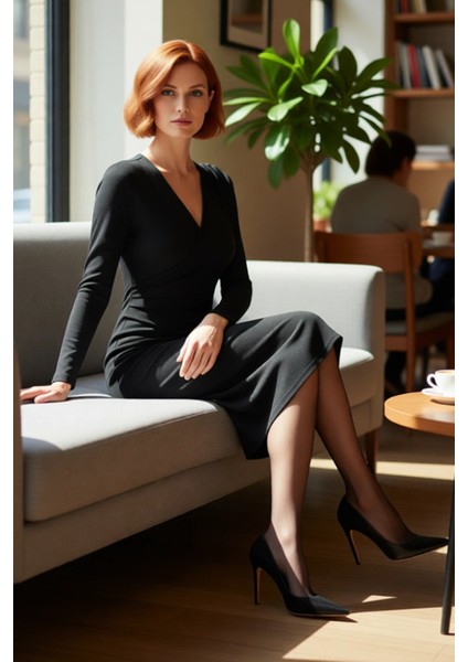 Kadın Bodycon Kruvaze V Yaka Midi Uzun Kollu Örme Scuba Krep Elbise Şık Günlük ve Özel Davetler Için fiyatları