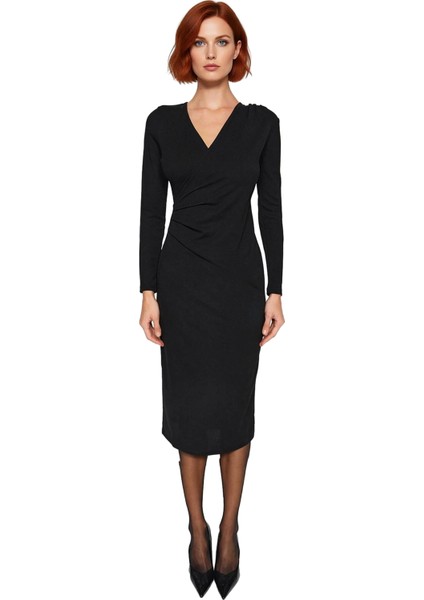 Kadın Bodycon Kruvaze V Yaka Midi Uzun Kollu Örme Scuba Krep Elbise Şık Günlük ve Özel Davetler Için modelleri