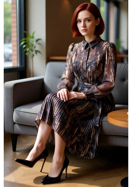 Kadın Gömlek Yaka Animal Desenli Midi Elbise Şifon Dokuma Balon Kol Skater Kesim Astarlı Kaliteli fırsatları