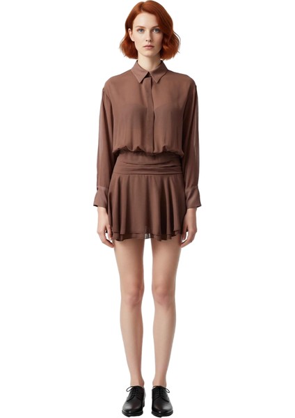 Kadın Şık Gömlek Yaka Uzun Kollu Skater Kalıp Şifon Elbise Özel Günlerin Vazgeçilmezi Kaliteli