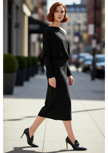 Kadın Bodycon Kalıp Düz Asimetrik Yaka Düşük Uzun Kol Yırtmaç Detaylı Şık Midi Örme Elbise Kış