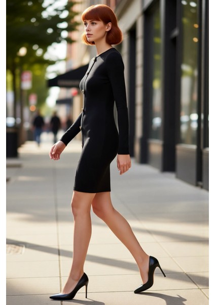 Kadın Vücuda Oturan Bisiklet Yaka Mini Örme Elbise Standart Kol Düğmeli Esnek Dokusuyla Kaliteli fırsatları