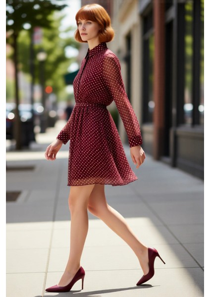 Kadın Skater Kalıp Puantiyeli Gömlek Yaka Kuşaklı Astarlı Uzun Kollu Şifon Mini Elbise Kaliteli