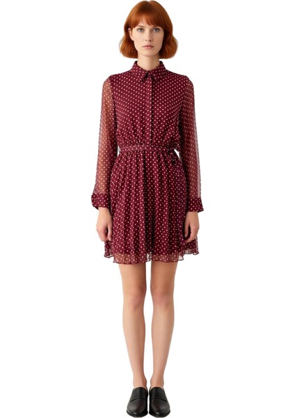 Kadın Skater Kalıp Puantiyeli Gömlek Yaka Kuşaklı Astarlı Uzun Kollu Şifon Mini Elbise Kaliteli modelleri