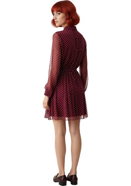 Kadın Skater Kalıp Puantiyeli Gömlek Yaka Kuşaklı Astarlı Uzun Kollu Şifon Mini Elbise Kaliteli fırsatları