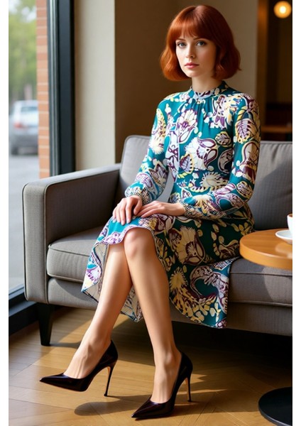 Kadın A Kesim Reglan Kol Midi Boy Şal Desenli Astarlı Şifon Dokuma Dik Yaka Zarif Elbise Kaliteli fiyatları