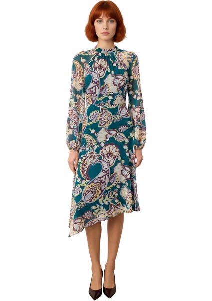 Kadın A Kesim Reglan Kol Midi Boy Şal Desenli Astarlı Şifon Dokuma Dik Yaka Zarif Elbise Kaliteli modelleri