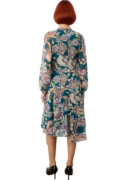 Kadın A Kesim Reglan Kol Midi Boy Şal Desenli Astarlı Şifon Dokuma Dik Yaka Zarif Elbise Kaliteli fırsatları