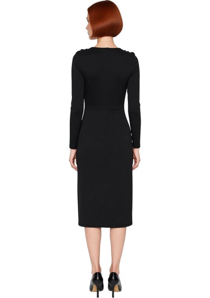 Kadın Bodycon Kruvaze V Yaka Midi Uzun Kollu Örme Scuba Krep Elbise Şık Günlük ve Özel Davetler Için fırsatları