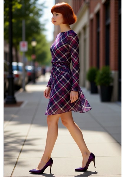 Kadın Ekose Desenli Skater Kalıp Uzun Kollu Astarlı Mini Elbise Modern ve Konforlu Günlük Şıklık