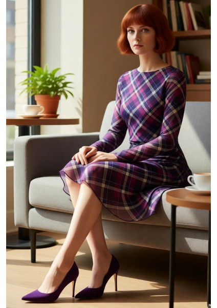 Kadın Ekose Desenli Skater Kalıp Uzun Kollu Astarlı Mini Elbise Modern ve Konforlu Günlük Şıklık fiyatları