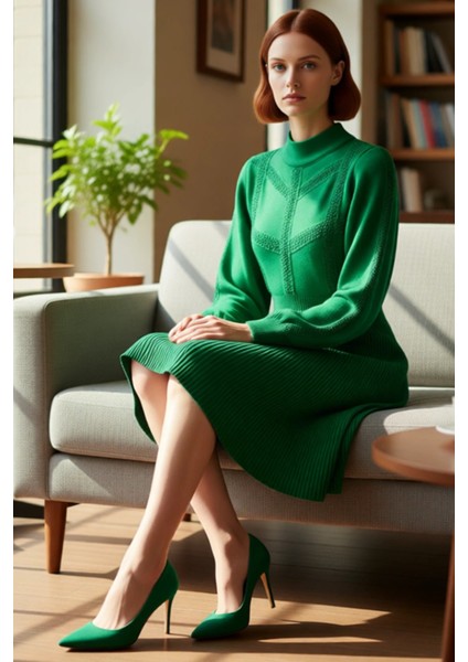 Kadınlar Için Bej Rengi A Kesim Balon Kol Dik Yaka Akrilik Triko Mini Elbise Kış Kombinleri. fiyatları