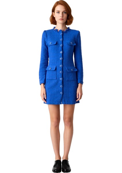 Kadın Tüvit Dokuma Uzun Kollu Bisiklet Yaka Düz Ceket Elbise Kışlık Şık Ofis Stili Giyim Kaliteli modelleri