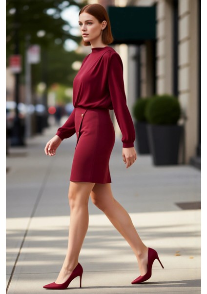 Kadın Dik Yaka Balon Kol Düğme Detaylı Mini A Kesim Elbise Şık ve Konforlu Tasarım Ilkbahar Sonbahar