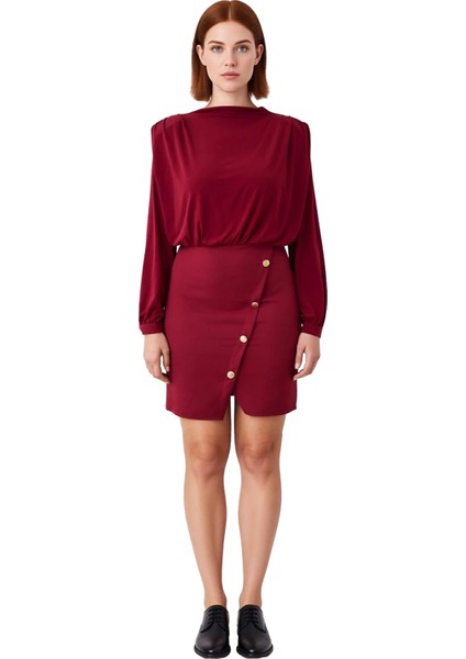 Kadın Dik Yaka Balon Kol Düğme Detaylı Mini A Kesim Elbise Şık ve Konforlu Tasarım Ilkbahar Sonbahar modelleri