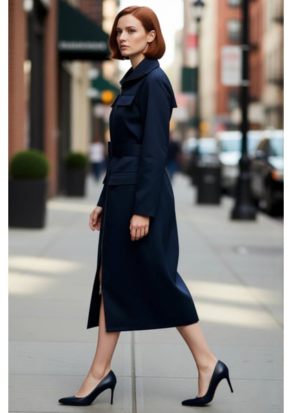 Kadın Gabardin Dokuma Fermuarlı Midi Gömlek Elbise Standart Uzun Kol Astarsız Rahat Şık Kaliteli