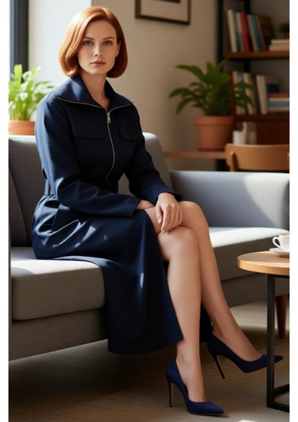 Kadın Gabardin Dokuma Fermuarlı Midi Gömlek Elbise Standart Uzun Kol Astarsız Rahat Şık Kaliteli fiyatları