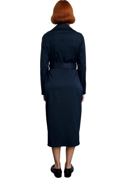 Kadın Gabardin Dokuma Fermuarlı Midi Gömlek Elbise Standart Uzun Kol Astarsız Rahat Şık Kaliteli fırsatları