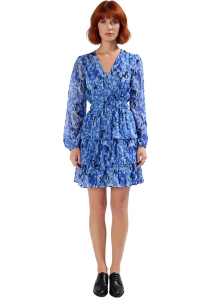 Kadın Skater Kalıp Etnik Desen V Yaka Uzun Kollu Astarlı Mini Şifon Elbise Gündüz Geceye Özel modelleri